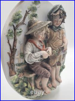 Antique German Bisque 3D Wall Plaque Framed High Relief Germany Children