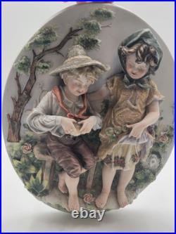 Antique German Bisque 3D Wall Plaque Framed High Relief Germany Children