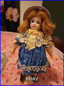 Antique German Bisque Doll Size 2/1 Stationary Glass Eyes Blue Lace Dress 9.5