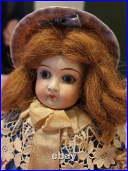 Antique German Bisque Doll Size 2/1 Stationary Glass Eyes Blue Lace Dress 9.5