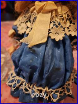 Antique German Bisque Doll Size 2/1 Stationary Glass Eyes Blue Lace Dress 9.5