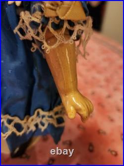 Antique German Bisque Doll Size 2/1 Stationary Glass Eyes Blue Lace Dress 9.5