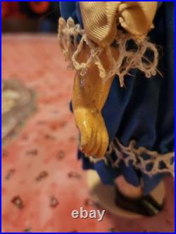 Antique German Bisque Doll Size 2/1 Stationary Glass Eyes Blue Lace Dress 9.5
