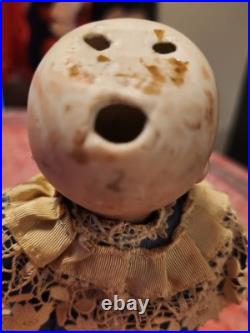 Antique German Bisque Doll Size 2/1 Stationary Glass Eyes Blue Lace Dress 9.5