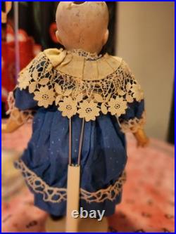 Antique German Bisque Doll Size 2/1 Stationary Glass Eyes Blue Lace Dress 9.5