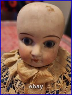 Antique German Bisque Doll Size 2/1 Stationary Glass Eyes Blue Lace Dress 9.5