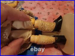 Antique German Bisque Doll Size 2/1 Stationary Glass Eyes Blue Lace Dress 9.5