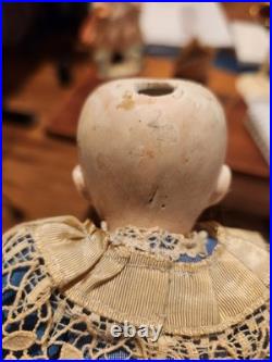 Antique German Bisque Doll Size 2/1 Stationary Glass Eyes Blue Lace Dress 9.5