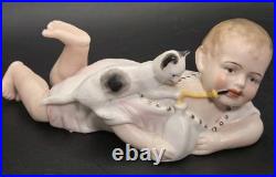 Antique German Bisque Piano Baby with Playful Kitten Victorian-era Baby Bottle
