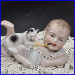 Antique German Bisque Piano Baby with Playful Kitten Victorian-era Baby Bottle