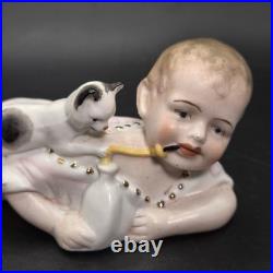 Antique German Bisque Piano Baby with Playful Kitten Victorian-era Baby Bottle