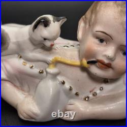 Antique German Bisque Piano Baby with Playful Kitten Victorian-era Baby Bottle