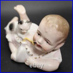 Antique German Bisque Piano Baby with Playful Kitten Victorian-era Baby Bottle