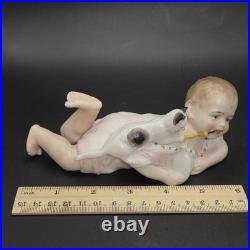 Antique German Bisque Piano Baby with Playful Kitten Victorian-era Baby Bottle
