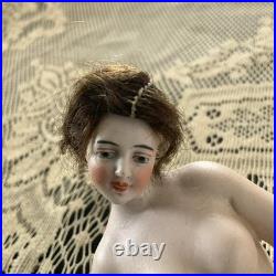 Antique German Bisque Porcelain Bathing Beauty Nude Pin Cushion Figure Hair Wig