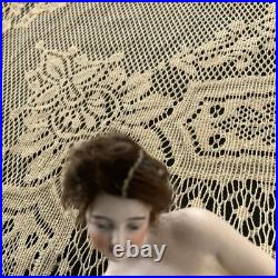 Antique German Bisque Porcelain Bathing Beauty Nude Pin Cushion Figure Hair Wig