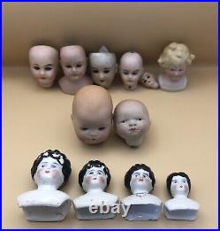 Antique German Bisque Porcelain Doll Heads Lot Of 12, 3 withGlass Eyes, 5 Marked