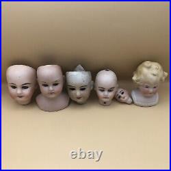 Antique German Bisque Porcelain Doll Heads Lot Of 12, 3 withGlass Eyes, 5 Marked