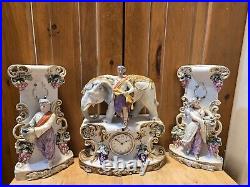 Antique German Bisque Porcelain Elephant Clock And Planters Read