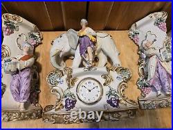 Antique German Bisque Porcelain Elephant Clock And Planters Read