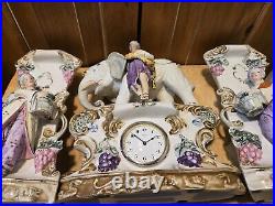 Antique German Bisque Porcelain Elephant Clock And Planters Read