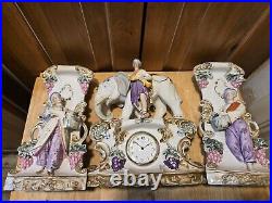 Antique German Bisque Porcelain Elephant Clock And Planters Read