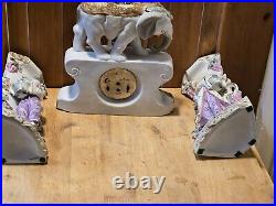 Antique German Bisque Porcelain Elephant Clock And Planters Read