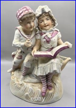 Antique German Bisque Porcelain Figurine Pair Vase Sitting on A Boat Reading
