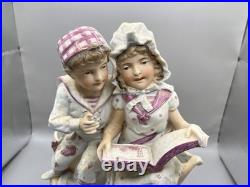 Antique German Bisque Porcelain Figurine Pair Vase Sitting on A Boat Reading