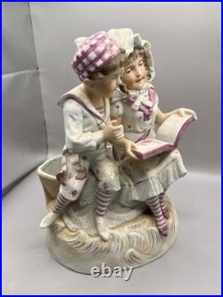 Antique German Bisque Porcelain Figurine Pair Vase Sitting on A Boat Reading