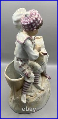 Antique German Bisque Porcelain Figurine Pair Vase Sitting on A Boat Reading