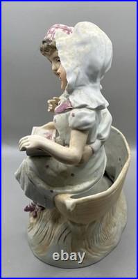 Antique German Bisque Porcelain Figurine Pair Vase Sitting on A Boat Reading