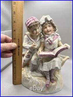 Antique German Bisque Porcelain Figurine Pair Vase Sitting on A Boat Reading