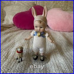 Antique German Bisque Rabbit Mignonette Doll 15cm & Small Sheep Set Free Shippng