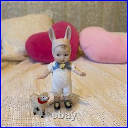 Antique German Bisque Rabbit Mignonette Doll 15cm & Small Sheep Set Free Shippng