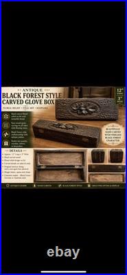 Antique German Black Forest Style Carved Floral Wood Glove Box with Lid Dark Brown