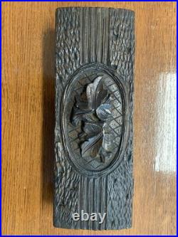 Antique German Black Forest Style Carved Floral Wood Glove Box with Lid Dark Brown