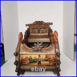 Antique German Carved Wooden Sleigh Hand Painted Scenes
