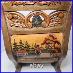 Antique German Carved Wooden Sleigh Hand Painted Scenes