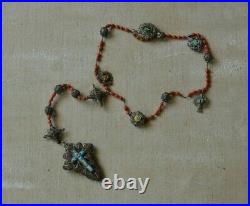 Antique German Catholic Rosary Red Coral Beads Sterling Silver Enameled Cross
