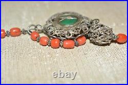 Antique German Catholic Rosary Red Coral Beads Sterling Silver Enameled Cross
