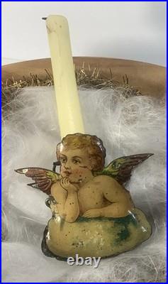 Antique German Christmas 2 Sided Candle Clip w Angel 1800s Tree Decor
