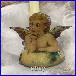 Antique German Christmas 2 Sided Candle Clip w Angel 1800s Tree Decor