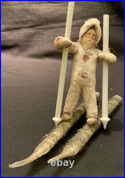 Antique German Christmas Cotton Skiing Santa Figure Glass Poles & Skis