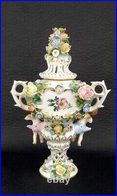 Antique German Classical Dresden Figure Cherub & Floral Porcelain Potpourri Urns