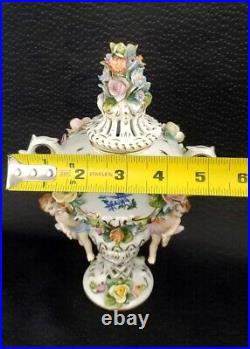 Antique German Classical Dresden Figure Cherub & Floral Porcelain Potpourri Urns