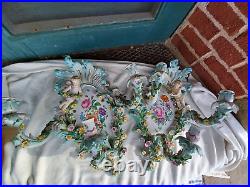 Antique German Cross Swords Mark Porcelain Cherub Flowers 3 Arm Wall Sconce Set Antique German Cross Swords Mark Porcelain Cherub Flowers 3 Arm Wall Sconce Set