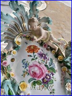 Antique German Cross Swords Mark Porcelain Cherub Flowers 3 Arm Wall Sconce Set Antique German Cross Swords Mark Porcelain Cherub Flowers 3 Arm Wall Sconce Set