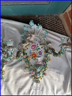 Antique German Cross Swords Mark Porcelain Cherub Flowers 3 Arm Wall Sconce Set Antique German Cross Swords Mark Porcelain Cherub Flowers 3 Arm Wall Sconce Set
