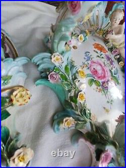 Antique German Cross Swords Mark Porcelain Cherub Flowers 3 Arm Wall Sconce Set Antique German Cross Swords Mark Porcelain Cherub Flowers 3 Arm Wall Sconce Set